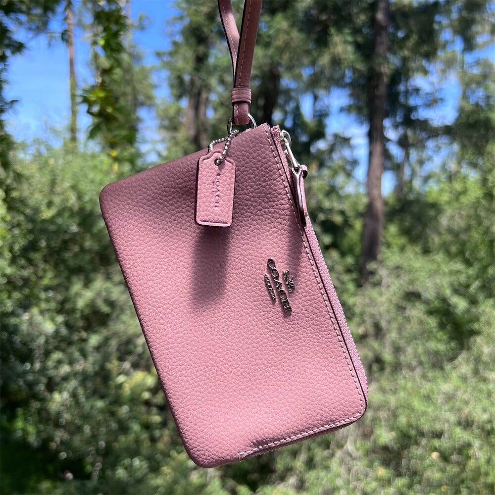 COACH Pink Pebbled Leather Wristlet Wallet Double Zip with Silver Hardware